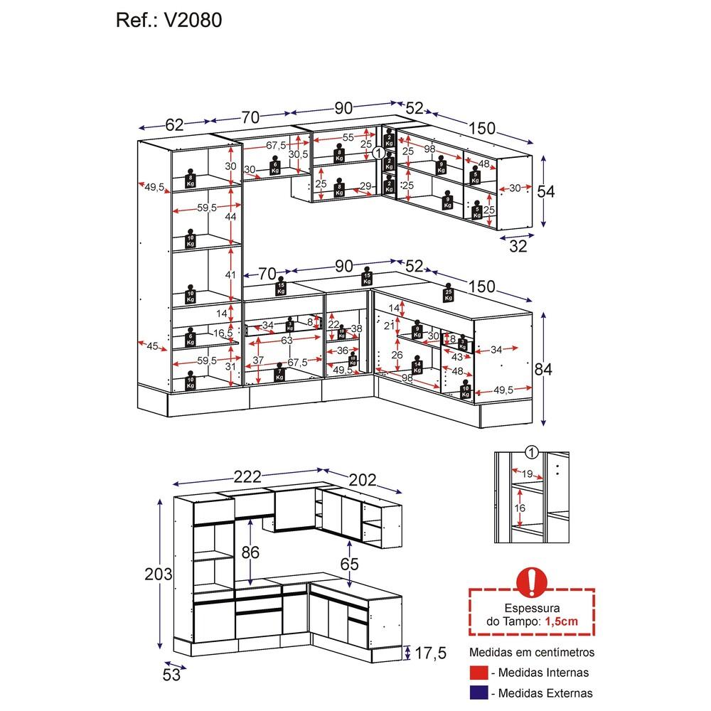 Armário de Cozinha Completa de Canto com Rodapé Veneza Multimóveis V2080  Branco/Preto