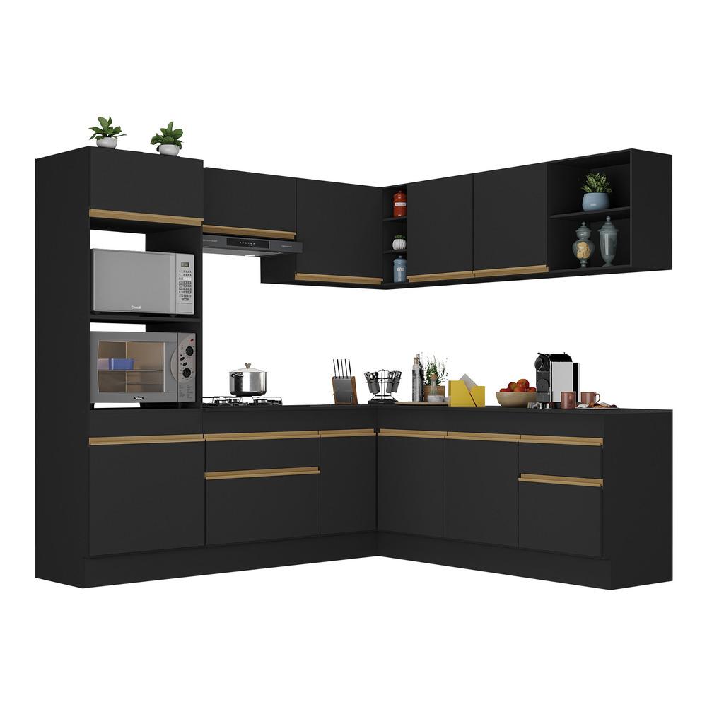 Armário de Cozinha Completa de Canto com Rodapé Veneza Multimóveis V2080  Preto/Dourado