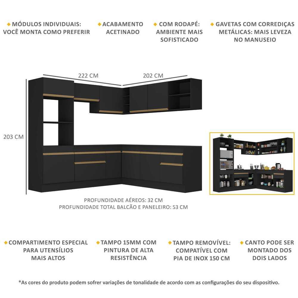Armário de Cozinha Completa de Canto com Rodapé Veneza Multimóveis V2080  Preto/Dourado