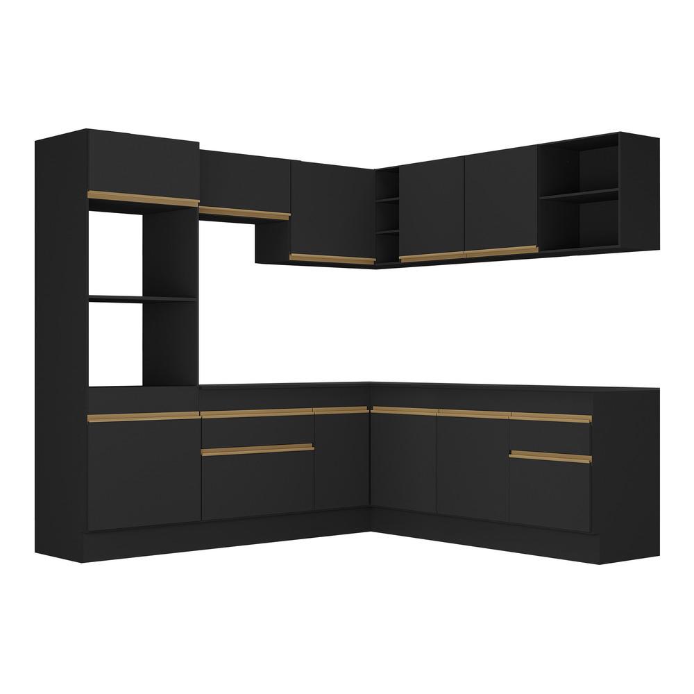 Armário de Cozinha Completa de Canto com Rodapé Veneza Multimóveis V2080  Preto/Dourado