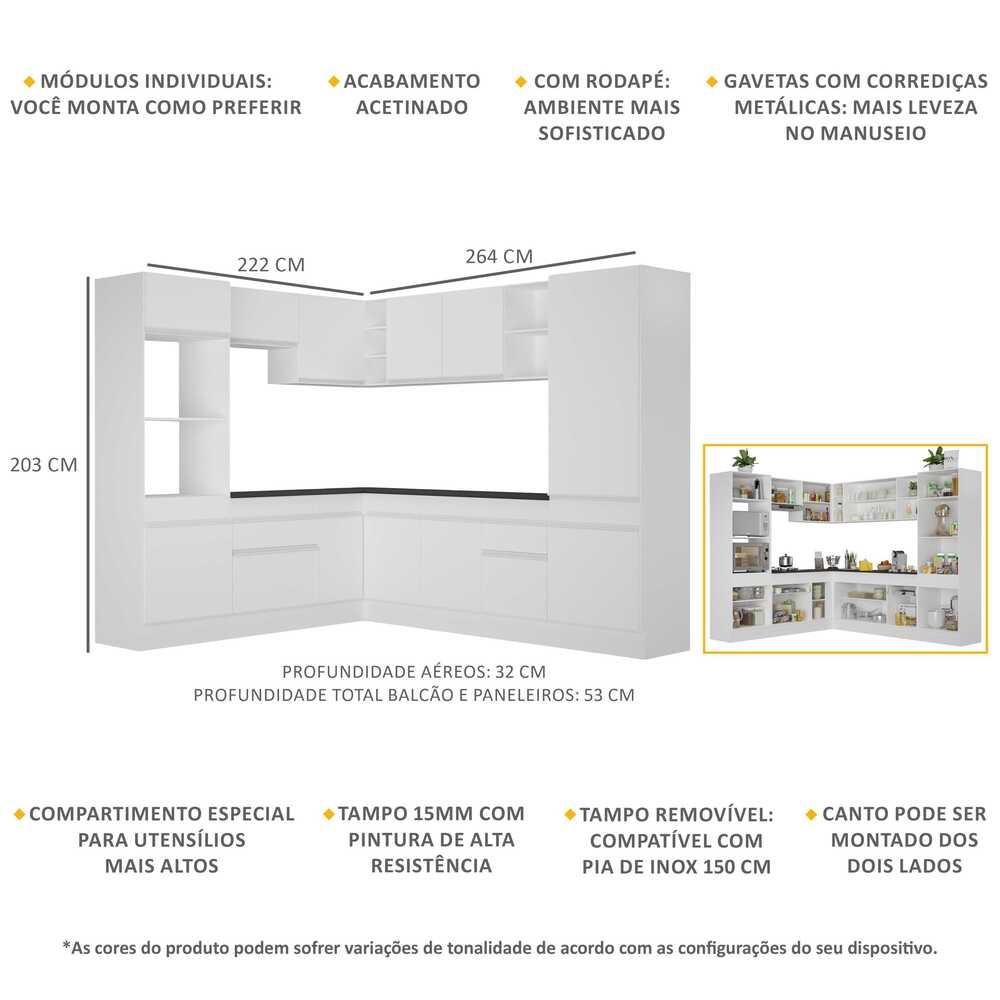 Armário de Cozinha Completa de Canto com Rodapé Veneza Multimóveis V2081  Branco