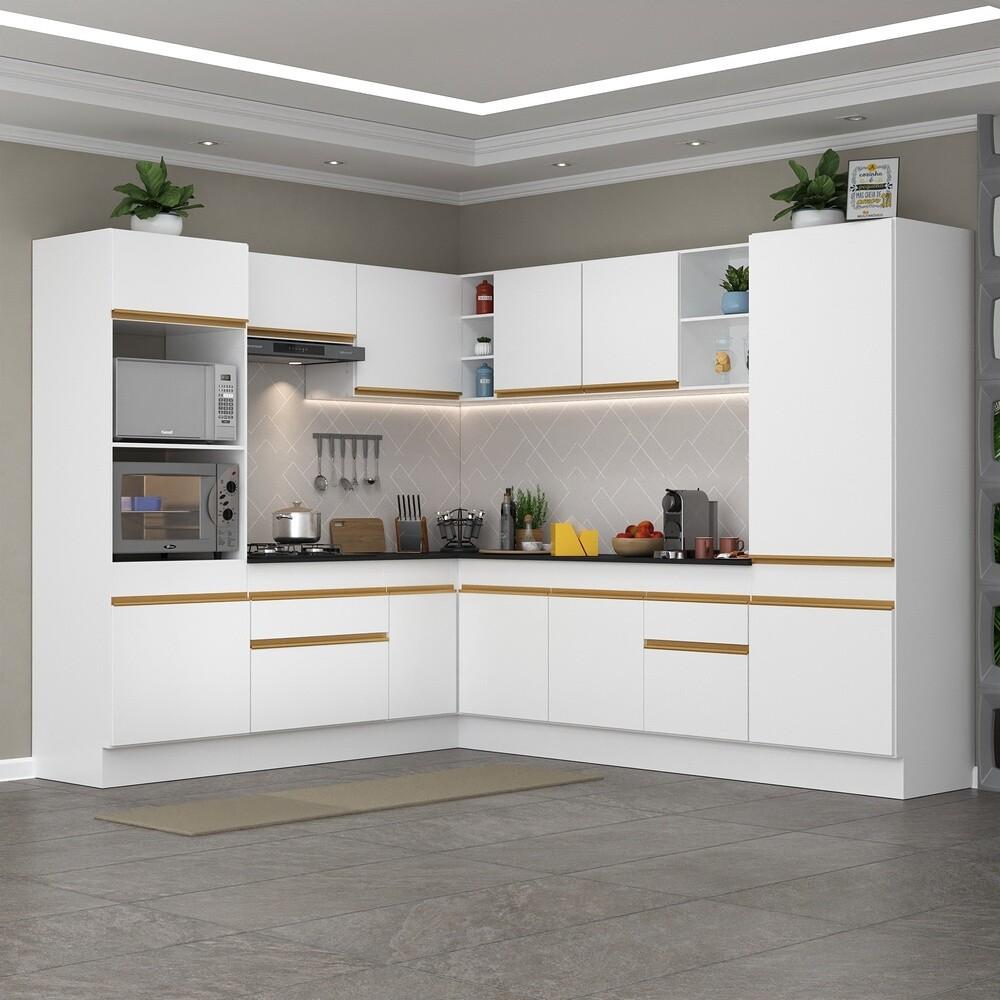 Armário de Cozinha Completa de Canto com Rodapé Veneza Multimóveis V2081  Branco/Dourado
