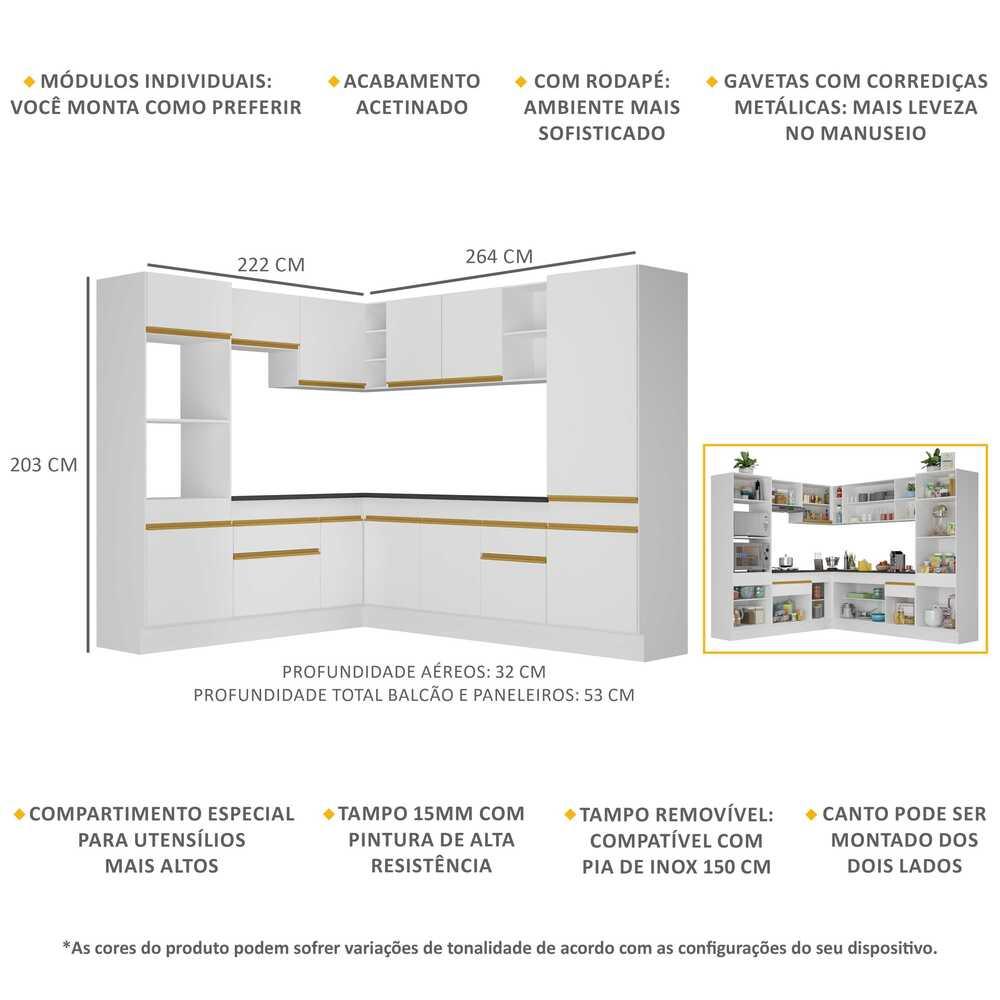 Armário de Cozinha Completa de Canto com Rodapé Veneza Multimóveis V2081  Branco/Dourado