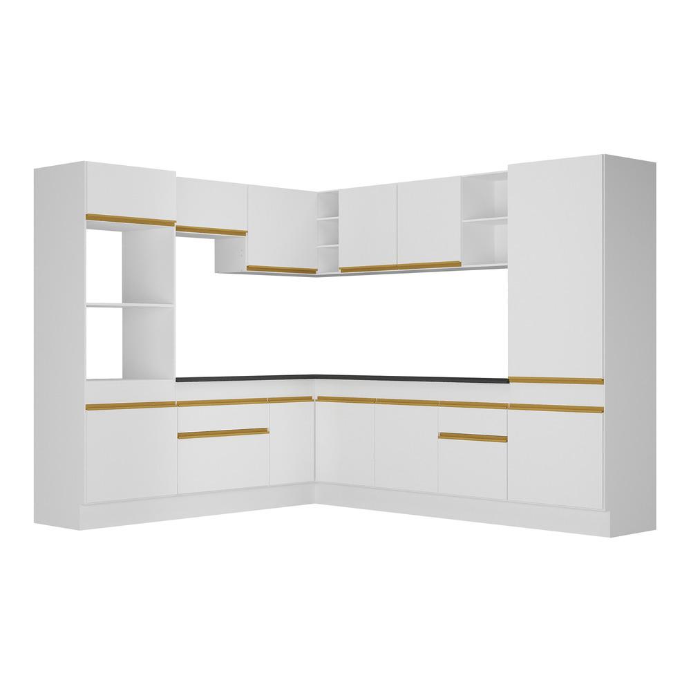 Armário de Cozinha Completa de Canto com Rodapé Veneza Multimóveis V2081  Branco/Dourado