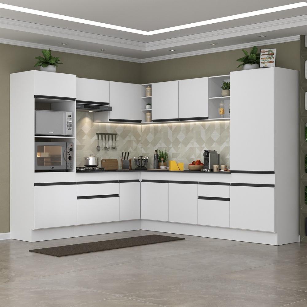 Armário de Cozinha Completa de Canto com Rodapé Veneza Multimóveis V2081  Branco/Preto