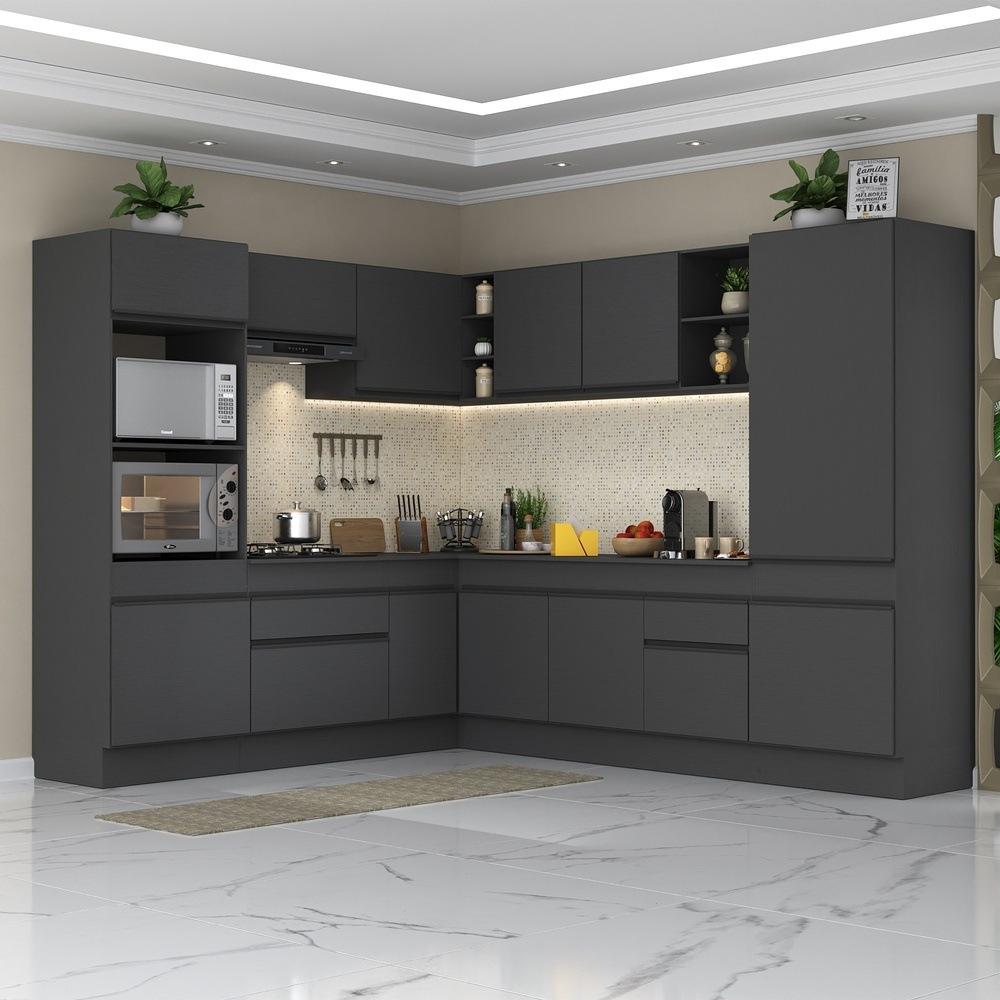 Armário de Cozinha Completa de Canto com Rodapé Veneza Multimóveis V2081  Preto