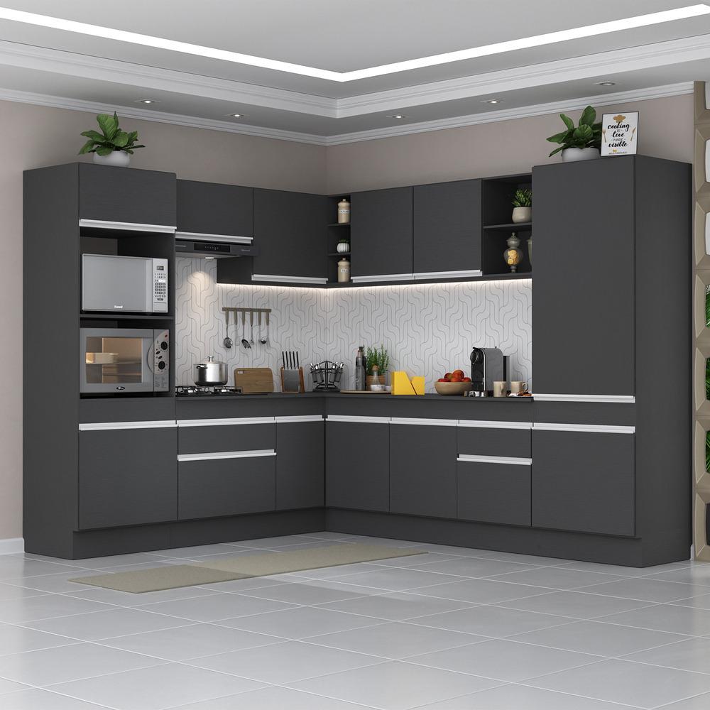 Armário de Cozinha Completa de Canto com Rodapé Veneza Multimóveis V2081  Preto/Branco