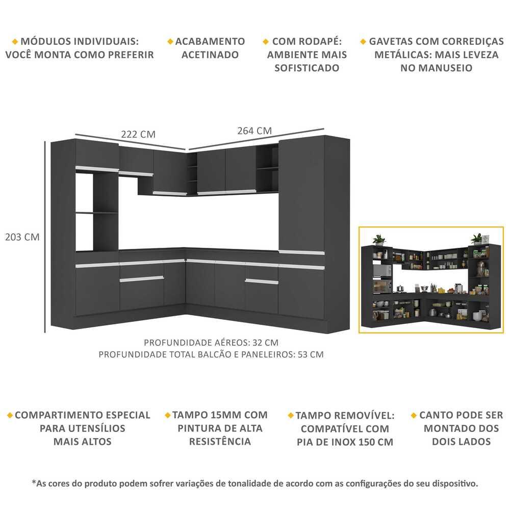 Armário de Cozinha Completa de Canto com Rodapé Veneza Multimóveis V2081  Preto/Branco