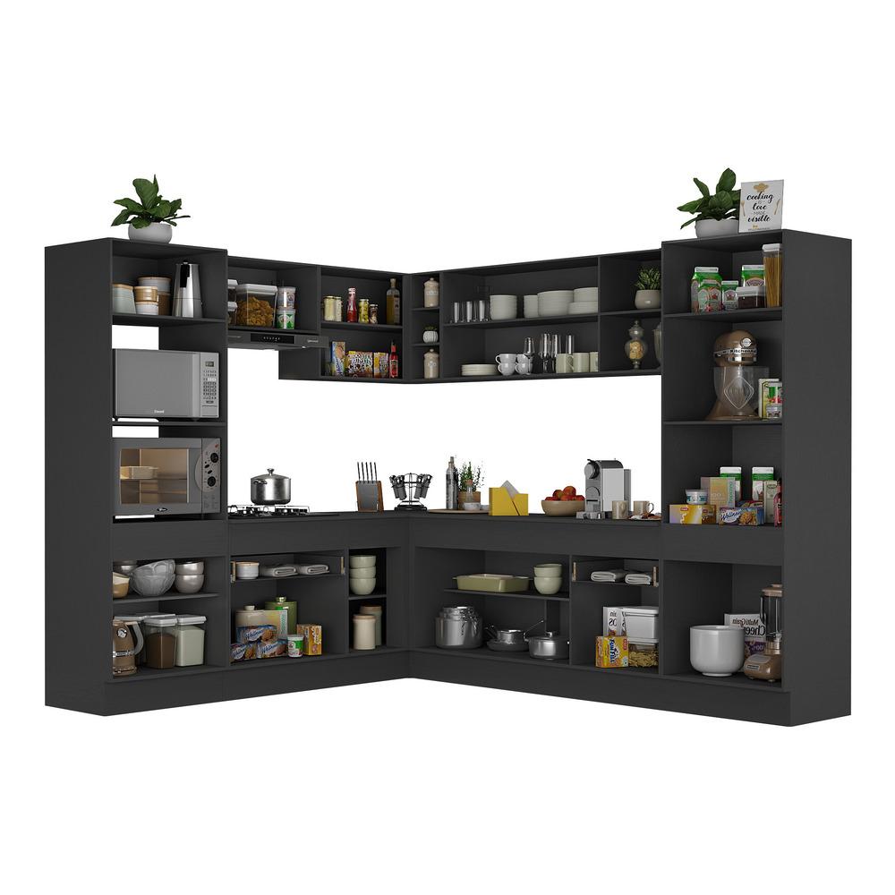 Armário de Cozinha Completa de Canto com Rodapé Veneza Multimóveis V2081  Preto/Branco