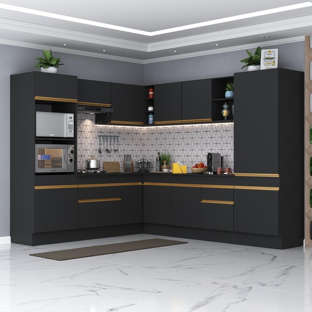 Armário de Cozinha Completa de Canto com Rodapé Veneza Multimóveis V2081  Preto/Dourado