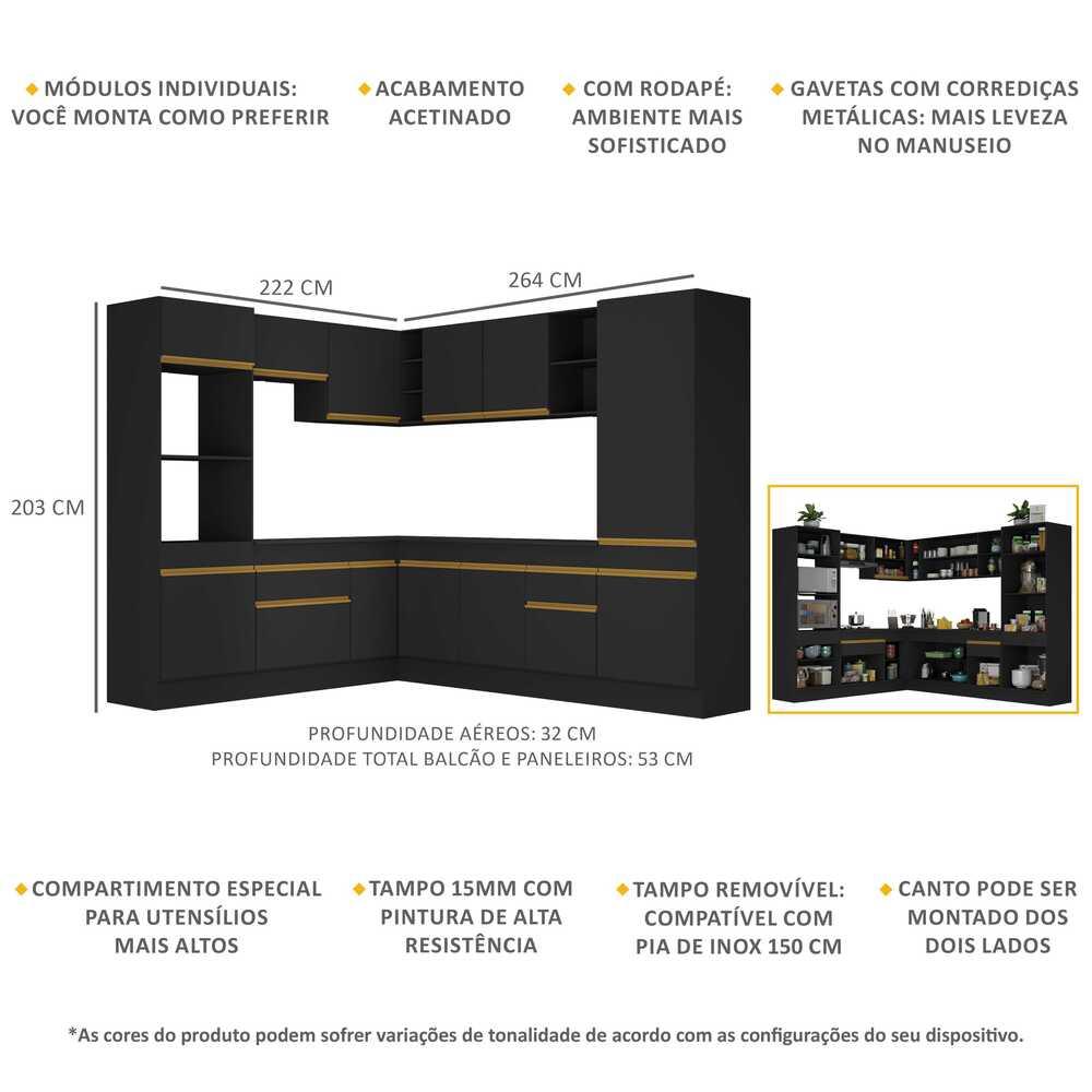Armário de Cozinha Completa de Canto com Rodapé Veneza Multimóveis V2081  Preto/Dourado