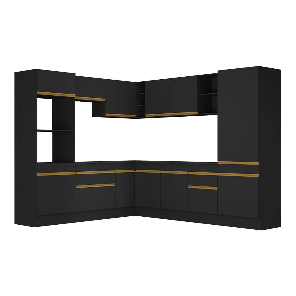 Armário de Cozinha Completa de Canto com Rodapé Veneza Multimóveis V2081  Preto/Dourado