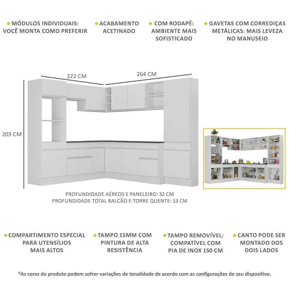 Armário de Cozinha Completa de Canto com Rodapé Veneza Multimóveis V2082  Branco