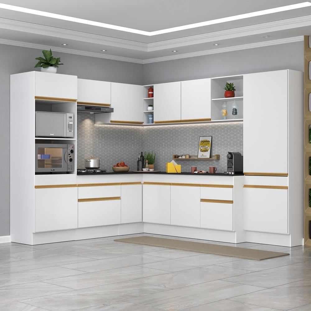 Armário de Cozinha Completa de Canto com Rodapé Veneza Multimóveis V2082  Branco/Dourado