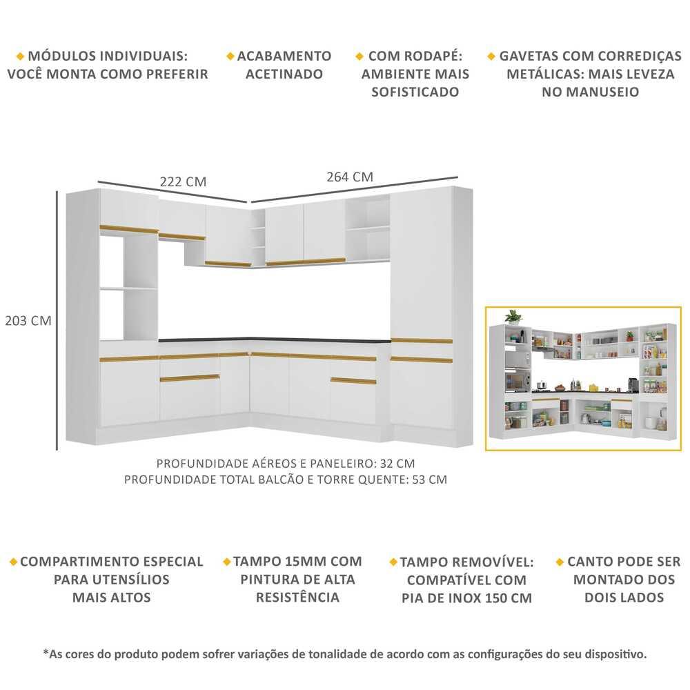 Armário de Cozinha Completa de Canto com Rodapé Veneza Multimóveis V2082  Branco/Dourado