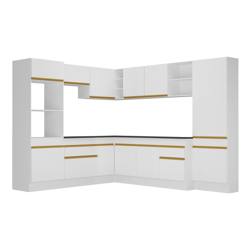 Armário de Cozinha Completa de Canto com Rodapé Veneza Multimóveis V2082  Branco/Dourado