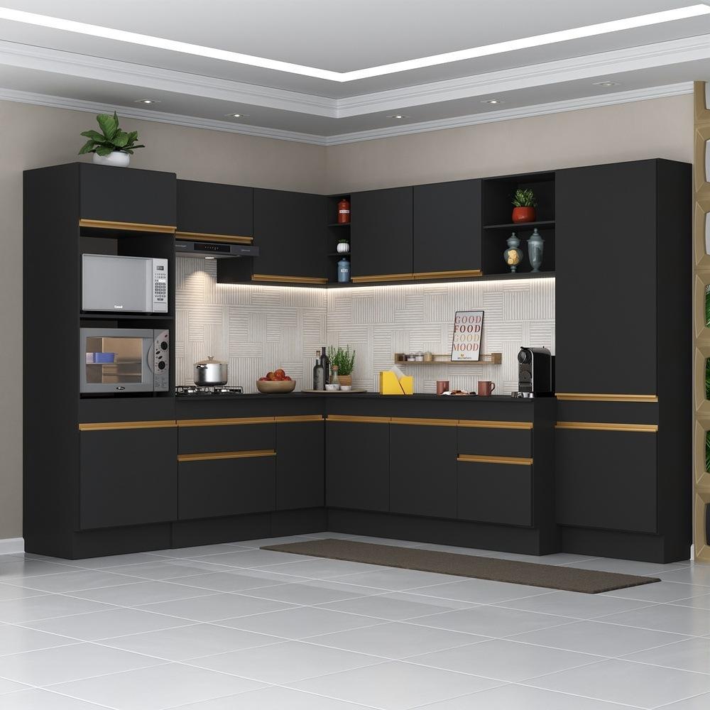 Armário de Cozinha Completa de Canto com Rodapé Veneza Multimóveis V2082  Preto/Dourado