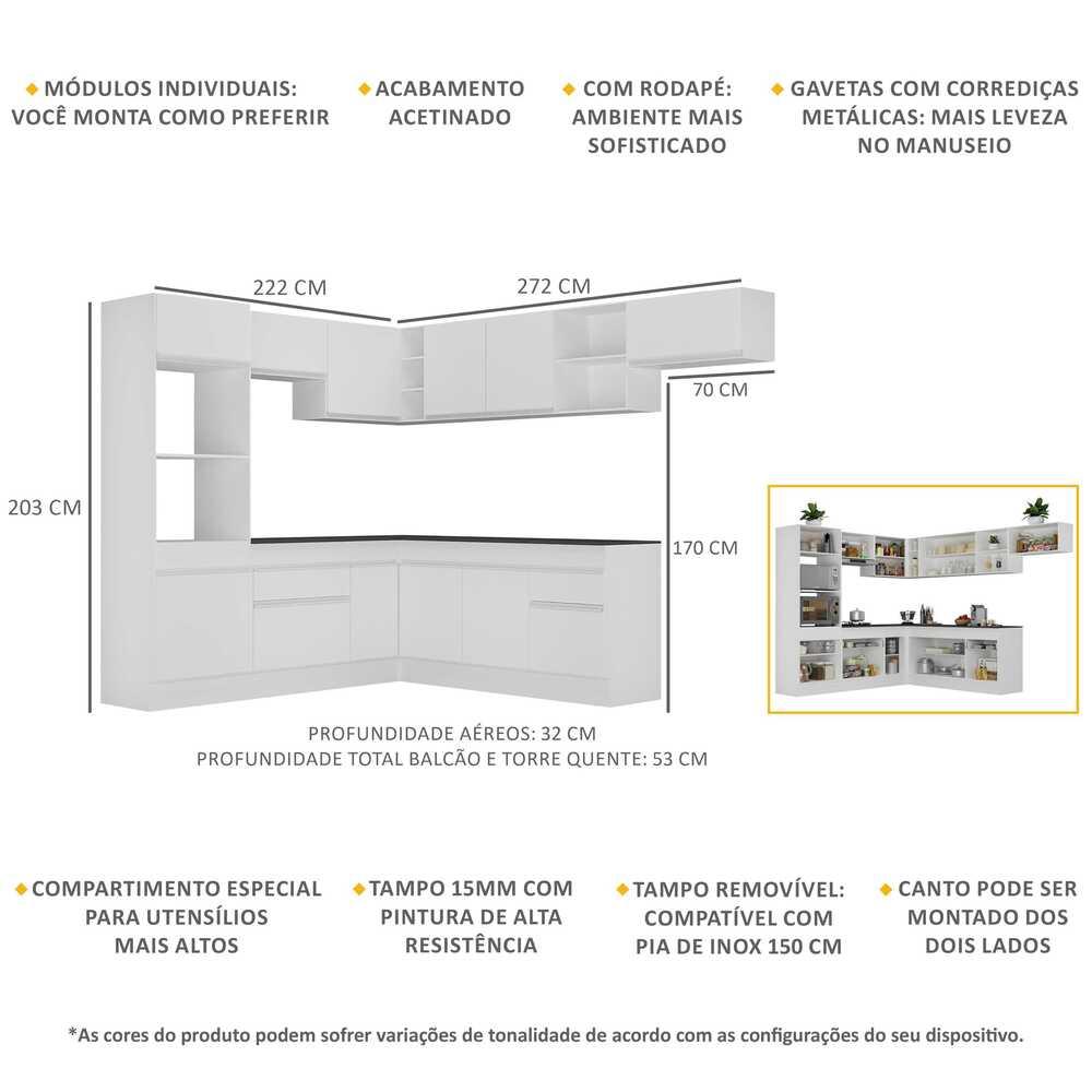 Armário de Cozinha Completa de Canto com Rodapé Veneza Multimóveis V2083  Branco