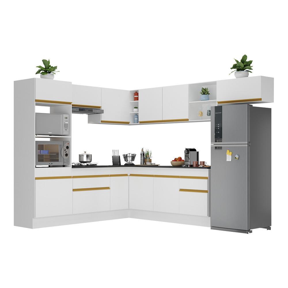 Armário de Cozinha Completa de Canto com Rodapé Veneza Multimóveis V2083  Branco/Dourado