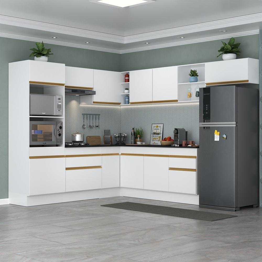 Armário de Cozinha Completa de Canto com Rodapé Veneza Multimóveis V2083  Branco/Dourado