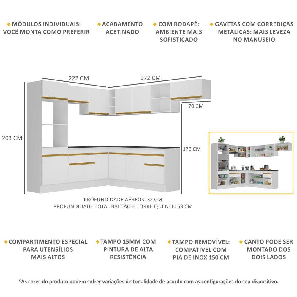 Armário de Cozinha Completa de Canto com Rodapé Veneza Multimóveis V2083  Branco/Dourado