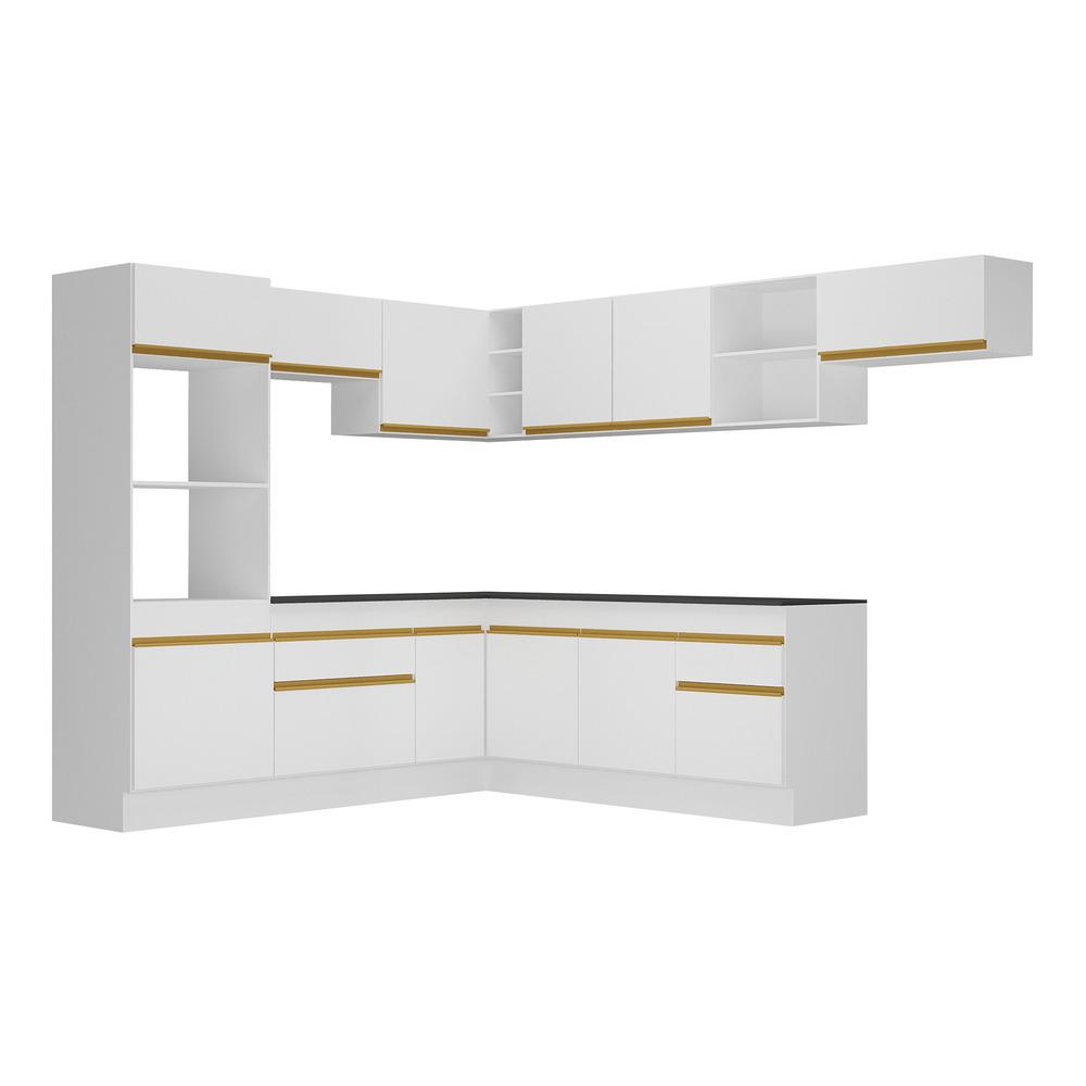 Armário de Cozinha Completa de Canto com Rodapé Veneza Multimóveis V2083  Branco/Dourado