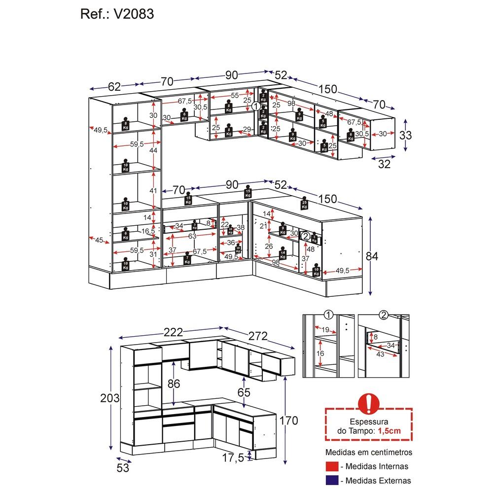 Armário de Cozinha Completa de Canto com Rodapé Veneza Multimóveis V2083  Branco/Preto