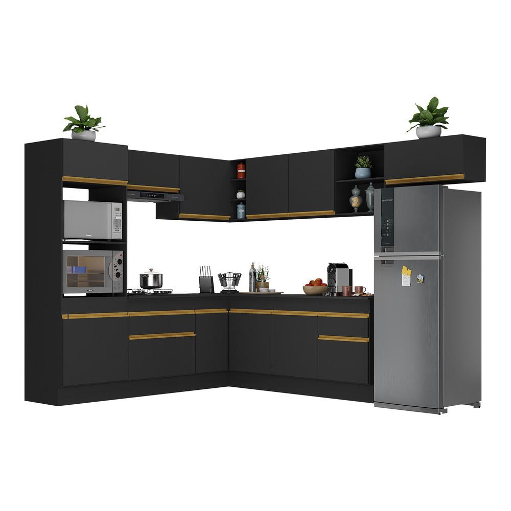 Armário de Cozinha Completa de Canto com Rodapé Veneza Multimóveis V2083  Preto/Dourado