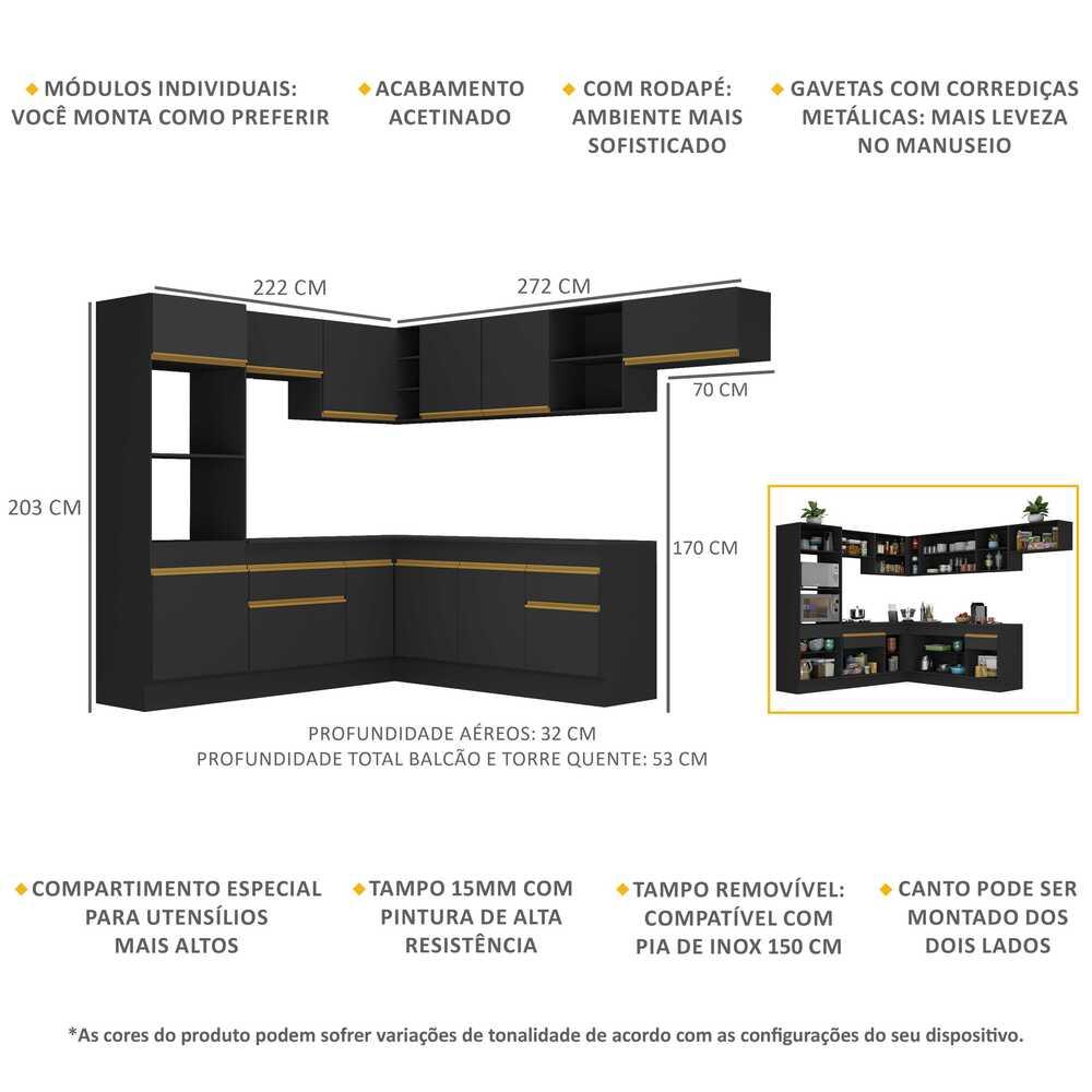 Armário de Cozinha Completa de Canto com Rodapé Veneza Multimóveis V2083  Preto/Dourado