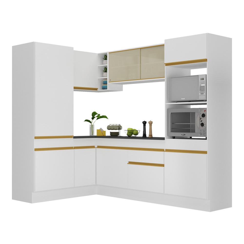 Armário de Cozinha Completa de Canto com Rodapé Veneza Multimóveis V2084  Branco/Dourado