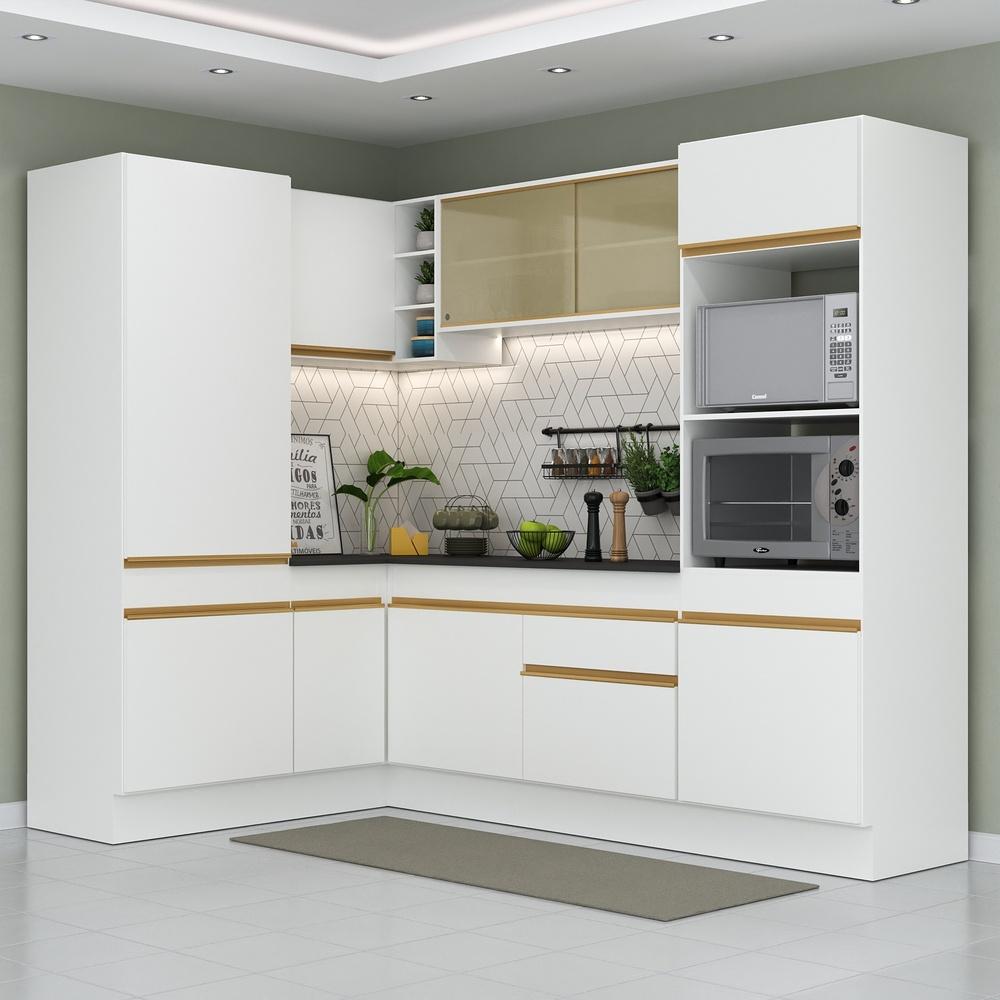 Armário de Cozinha Completa de Canto com Rodapé Veneza Multimóveis V2084  Branco/Dourado
