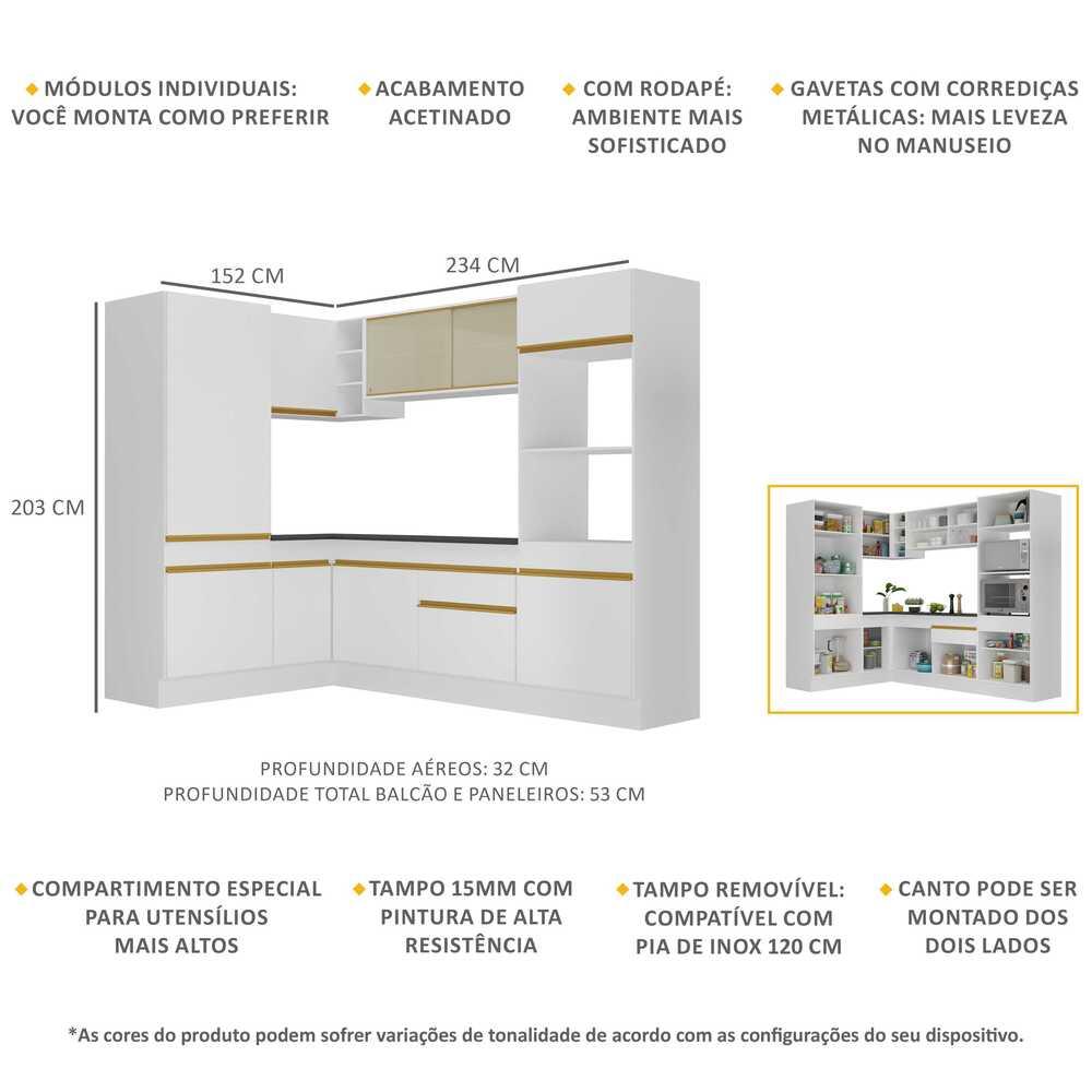Armário de Cozinha Completa de Canto com Rodapé Veneza Multimóveis V2084  Branco/Dourado