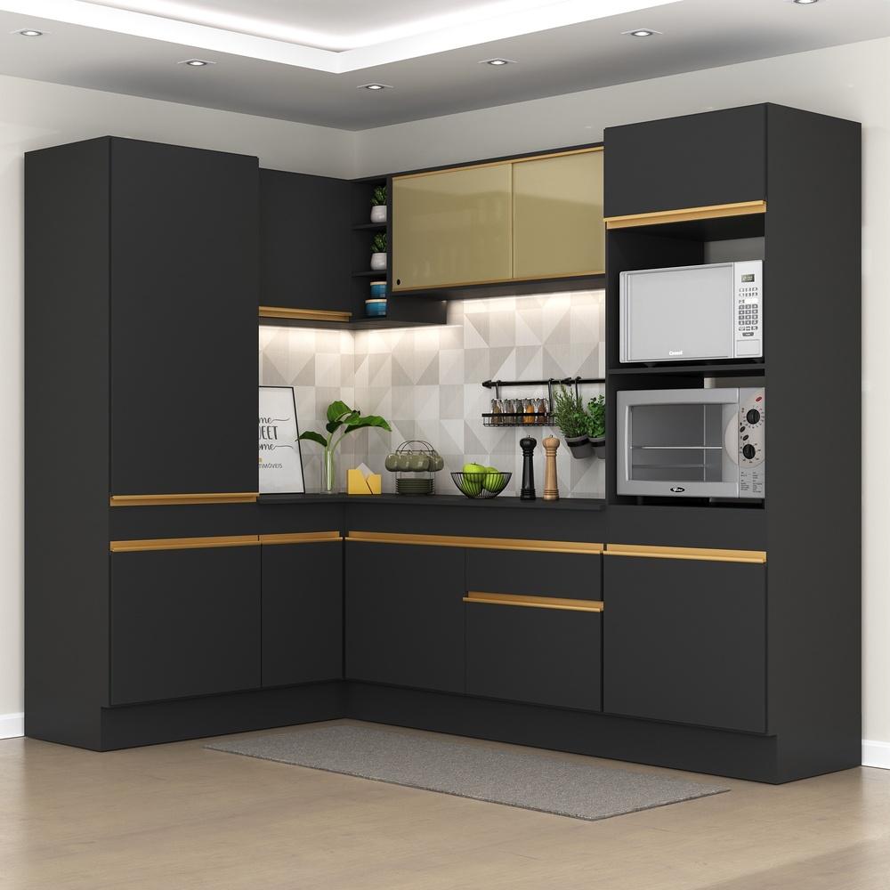 Armário de Cozinha Completa de Canto com Rodapé Veneza Multimóveis V2084  Preto/Dourado