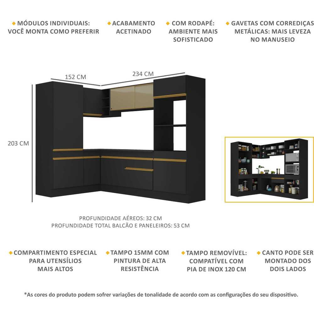 Armário de Cozinha Completa de Canto com Rodapé Veneza Multimóveis V2084  Preto/Dourado