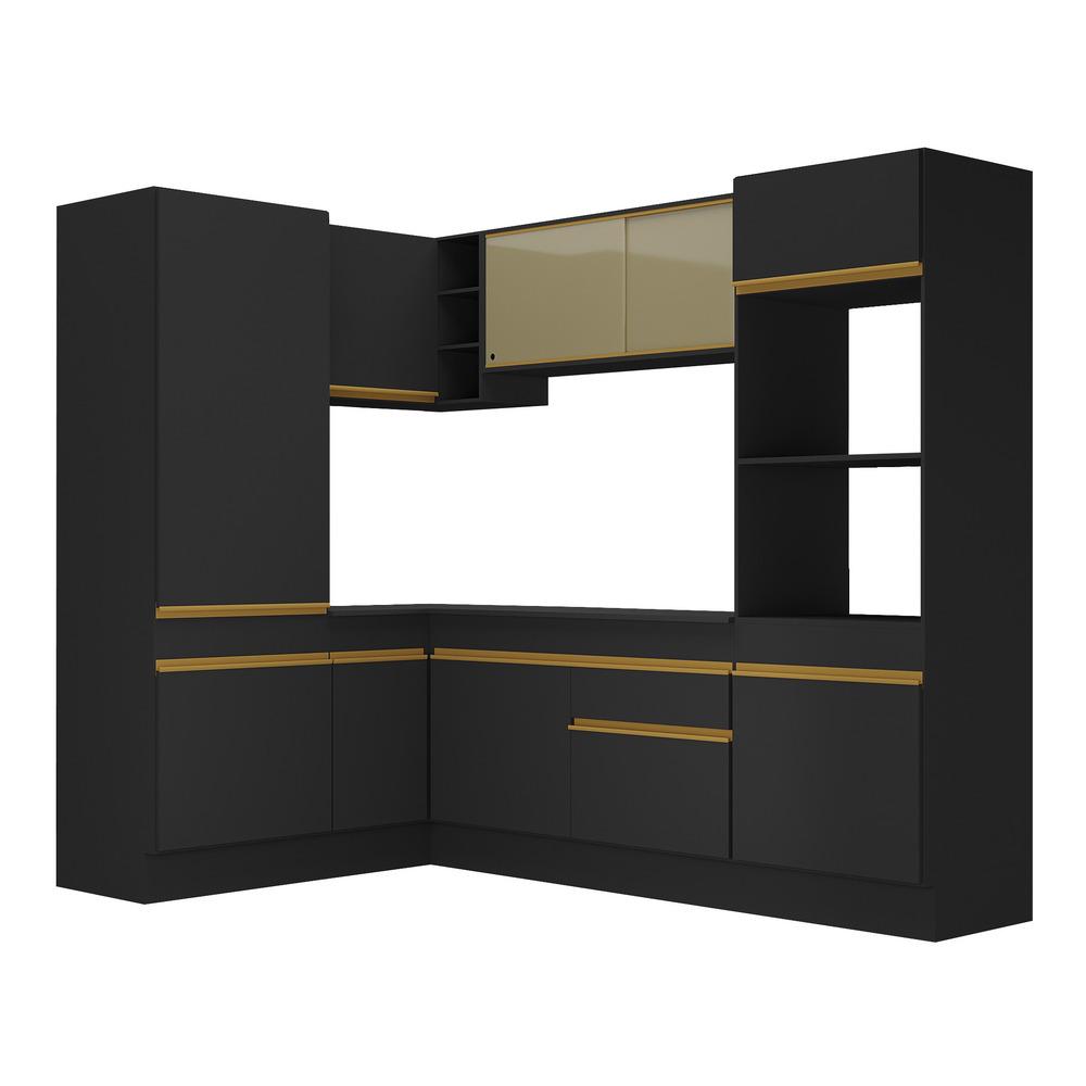 Armário de Cozinha Completa de Canto com Rodapé Veneza Multimóveis V2084  Preto/Dourado