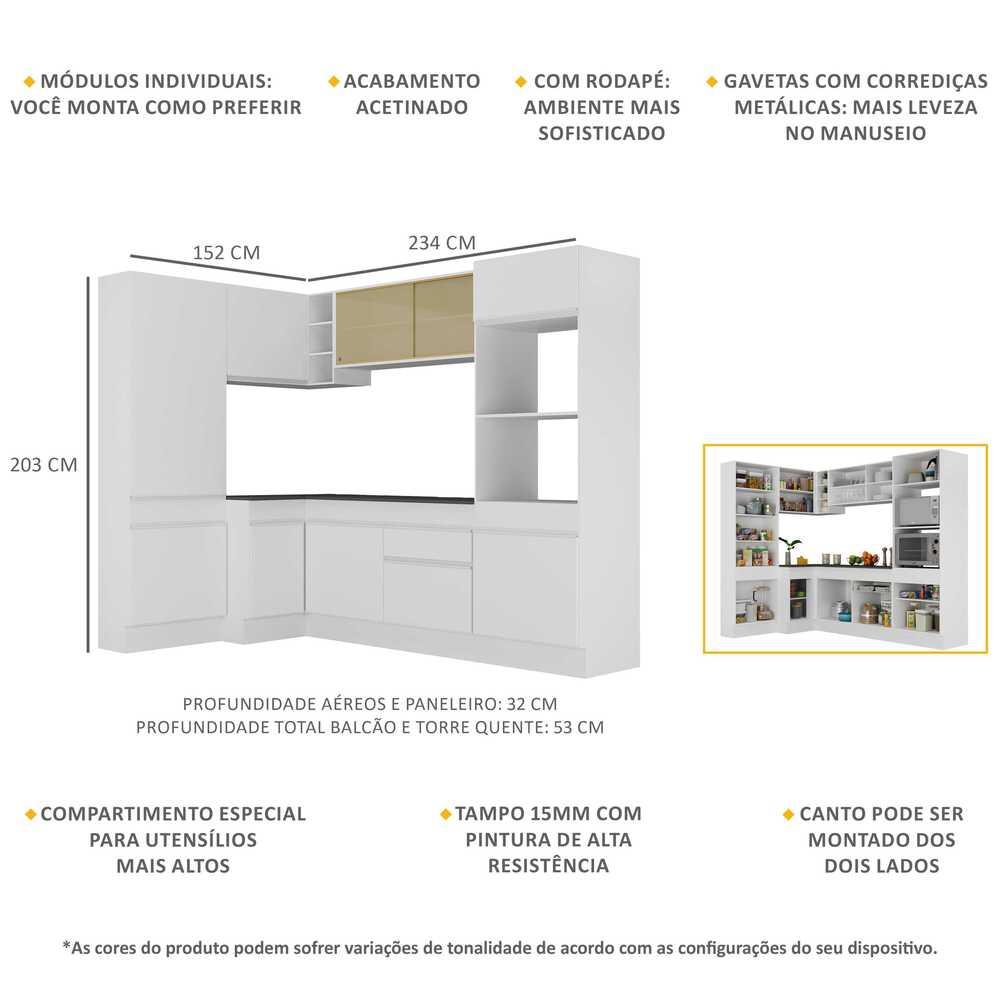 Armário de Cozinha Completa de Canto com Rodapé Veneza Multimóveis V2085  Branco