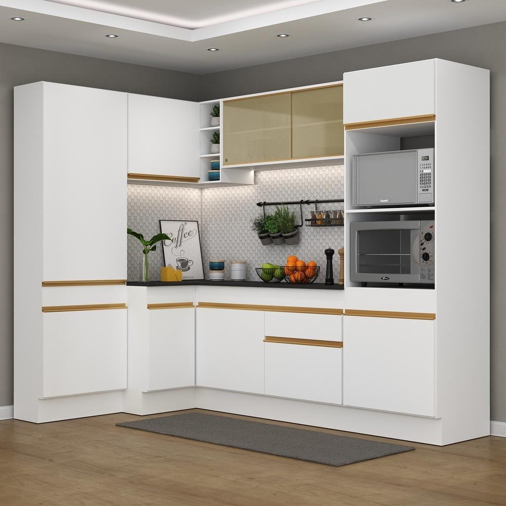 Armário de Cozinha Completa de Canto com Rodapé Veneza Multimóveis V2085  Branco/Dourado