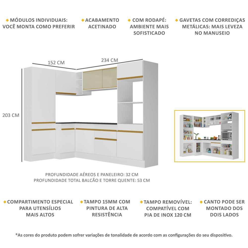 Armário de Cozinha Completa de Canto com Rodapé Veneza Multimóveis V2085  Branco/Dourado