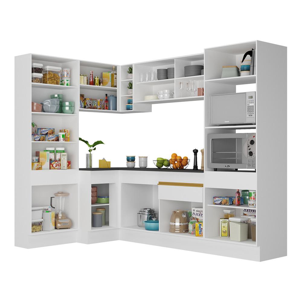Armário de Cozinha Completa de Canto com Rodapé Veneza Multimóveis V2085  Branco/Dourado