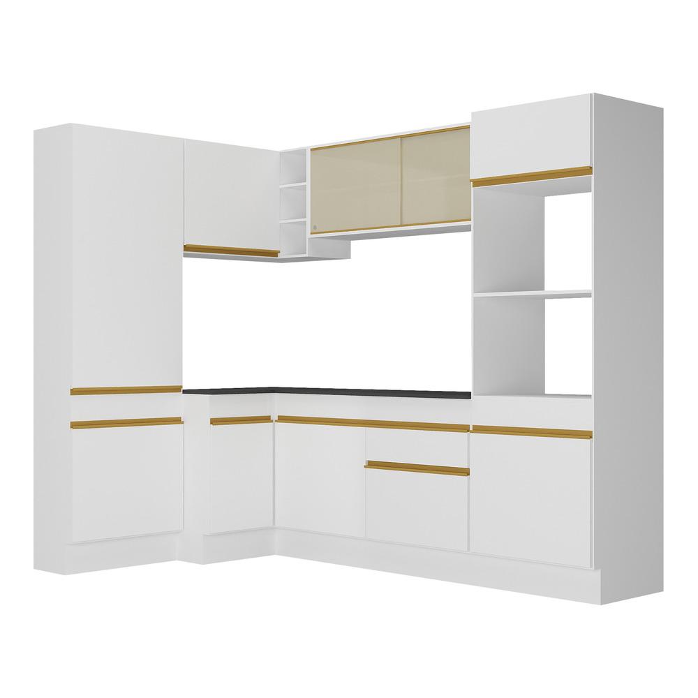 Armário de Cozinha Completa de Canto com Rodapé Veneza Multimóveis V2085  Branco/Dourado