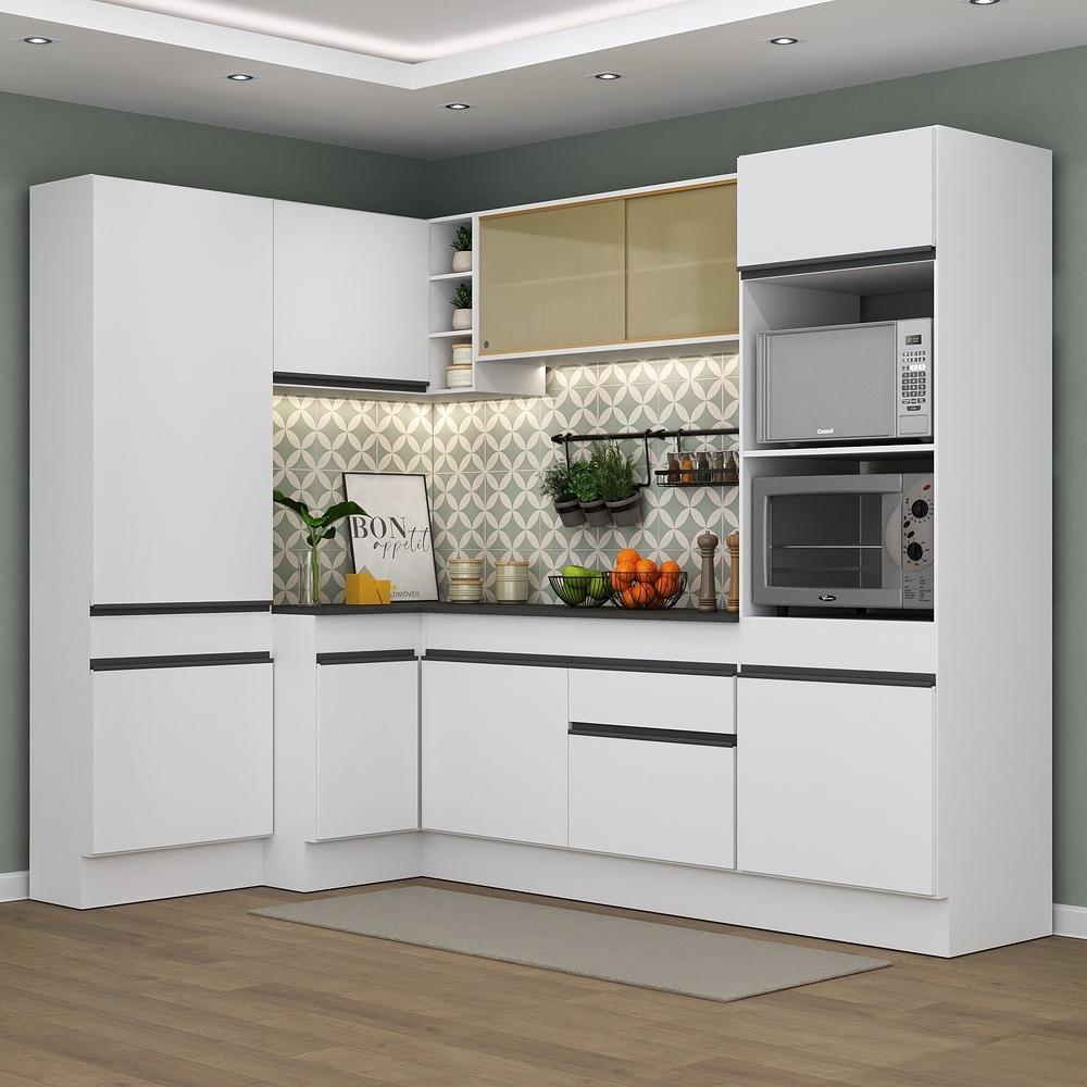 Armário de Cozinha Completa de Canto com Rodapé Veneza Multimóveis V2085  Branco/Preto