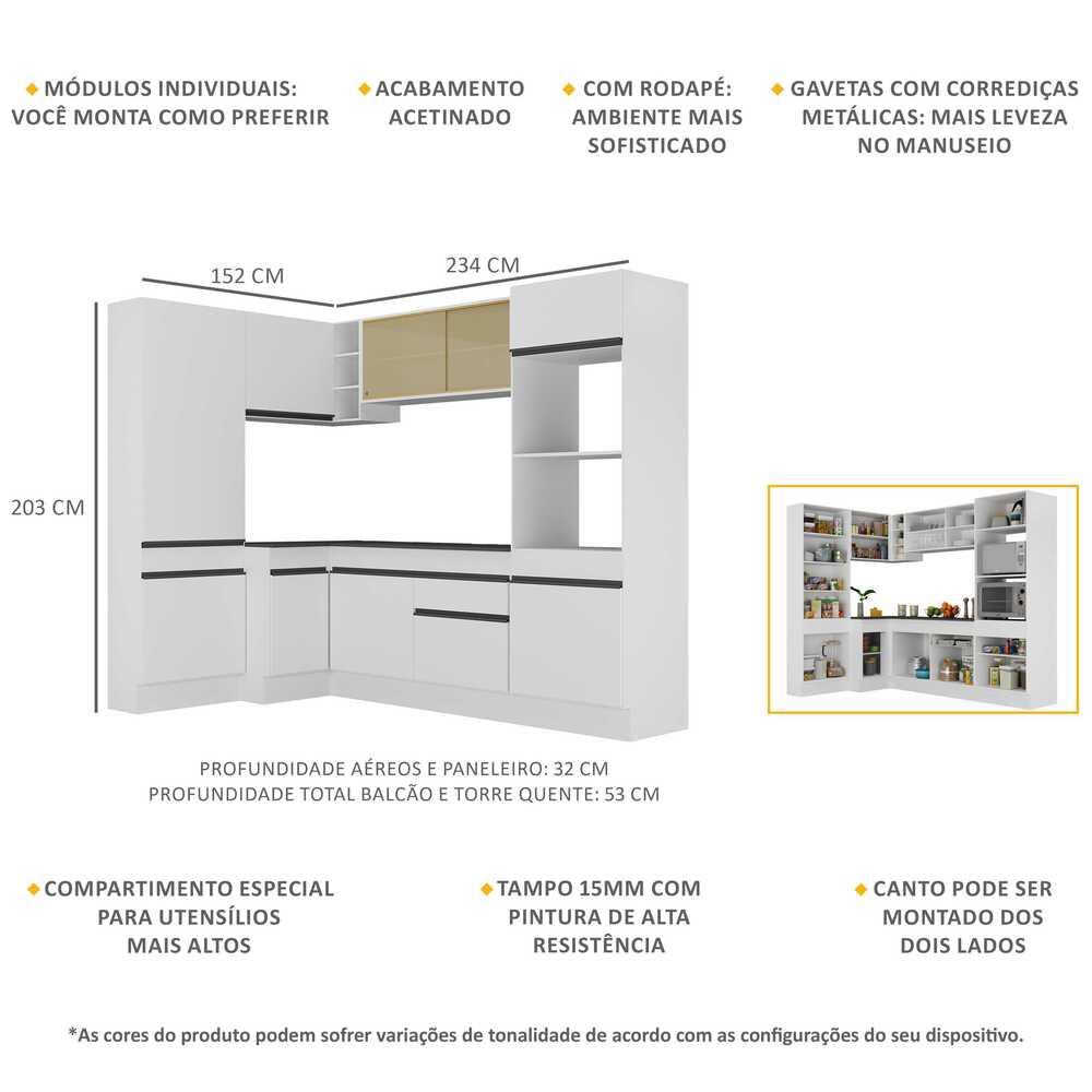 Armário de Cozinha Completa de Canto com Rodapé Veneza Multimóveis V2085  Branco/Preto