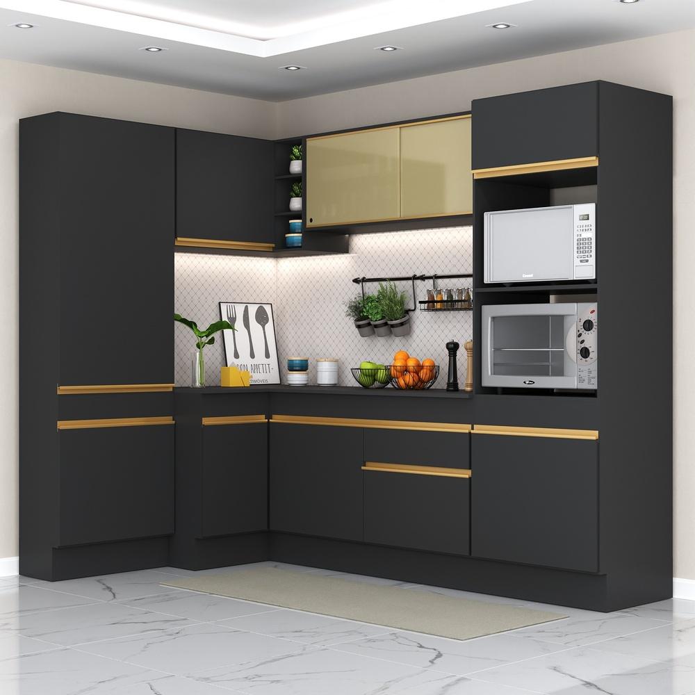 Armário de Cozinha Completa de Canto com Rodapé Veneza Multimóveis V2085  Preto/Dourado