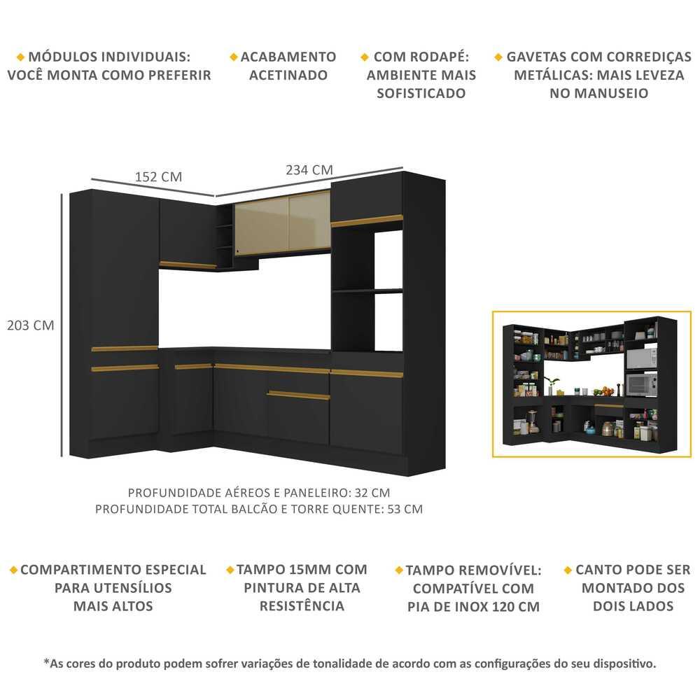 Armário de Cozinha Completa de Canto com Rodapé Veneza Multimóveis V2085  Preto/Dourado