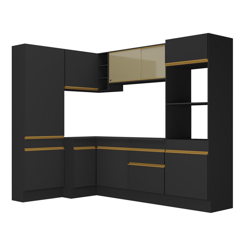 Armário de Cozinha Completa de Canto com Rodapé Veneza Multimóveis V2085  Preto/Dourado
