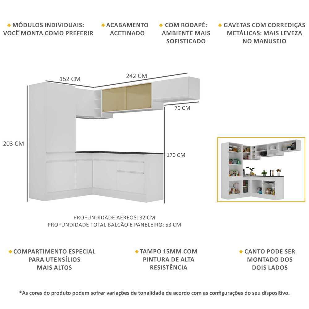 Armário de Cozinha Completa de Canto com Rodapé Veneza Multimóveis V2086  Branco