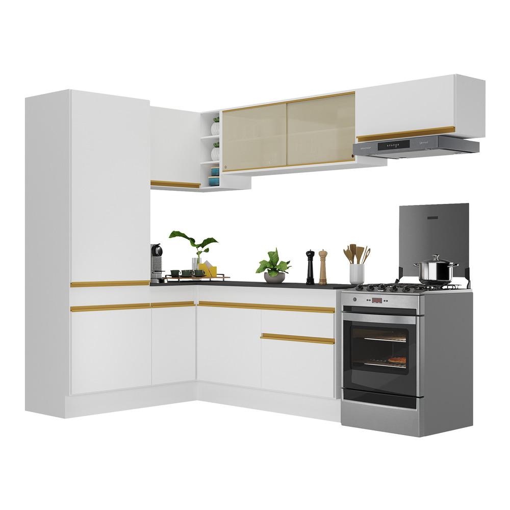 Armário de Cozinha Completa de Canto com Rodapé Veneza Multimóveis V2086  Branco/Dourado