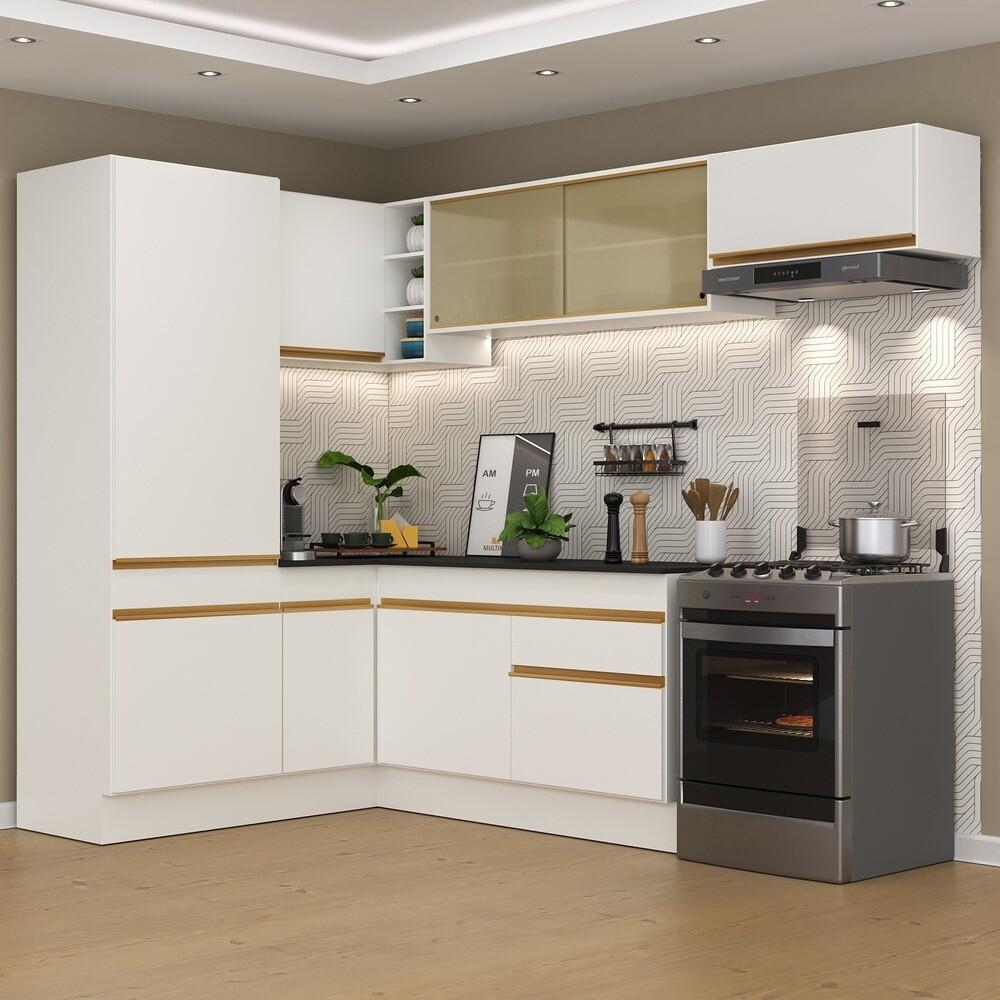 Armário de Cozinha Completa de Canto com Rodapé Veneza Multimóveis V2086  Branco/Dourado