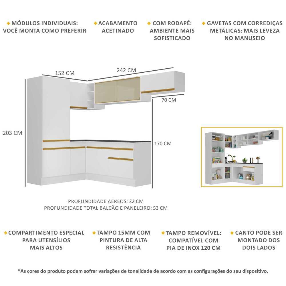Armário de Cozinha Completa de Canto com Rodapé Veneza Multimóveis V2086  Branco/Dourado