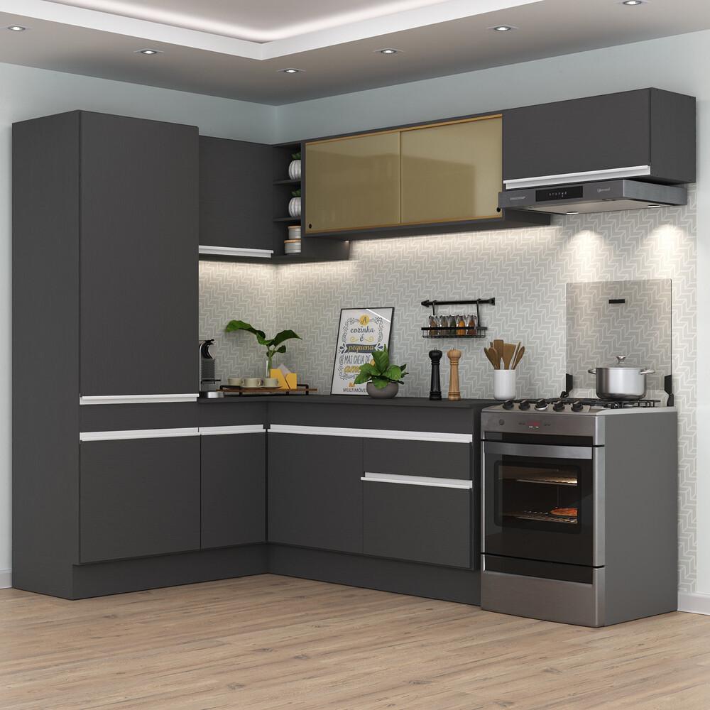 Armário de Cozinha Completa de Canto com Rodapé Veneza Multimóveis V2086  Preto/Branco